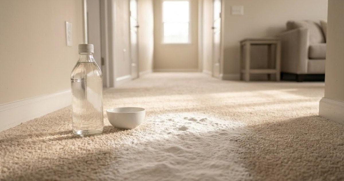 Baking soda sprinkled over carpet beside a plain bottle of white vinegar and a bowl