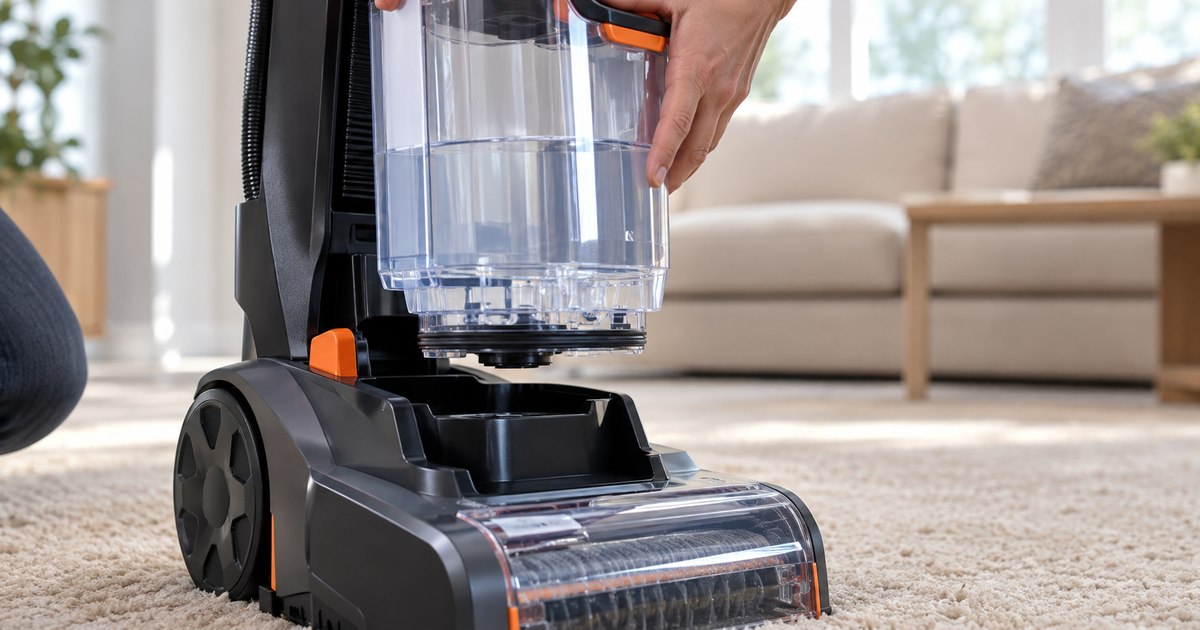 A hand lowering the clear clean-water tank of an upright carpet cleaner back into its cradle on beige carpet, the tank not yet fully seated