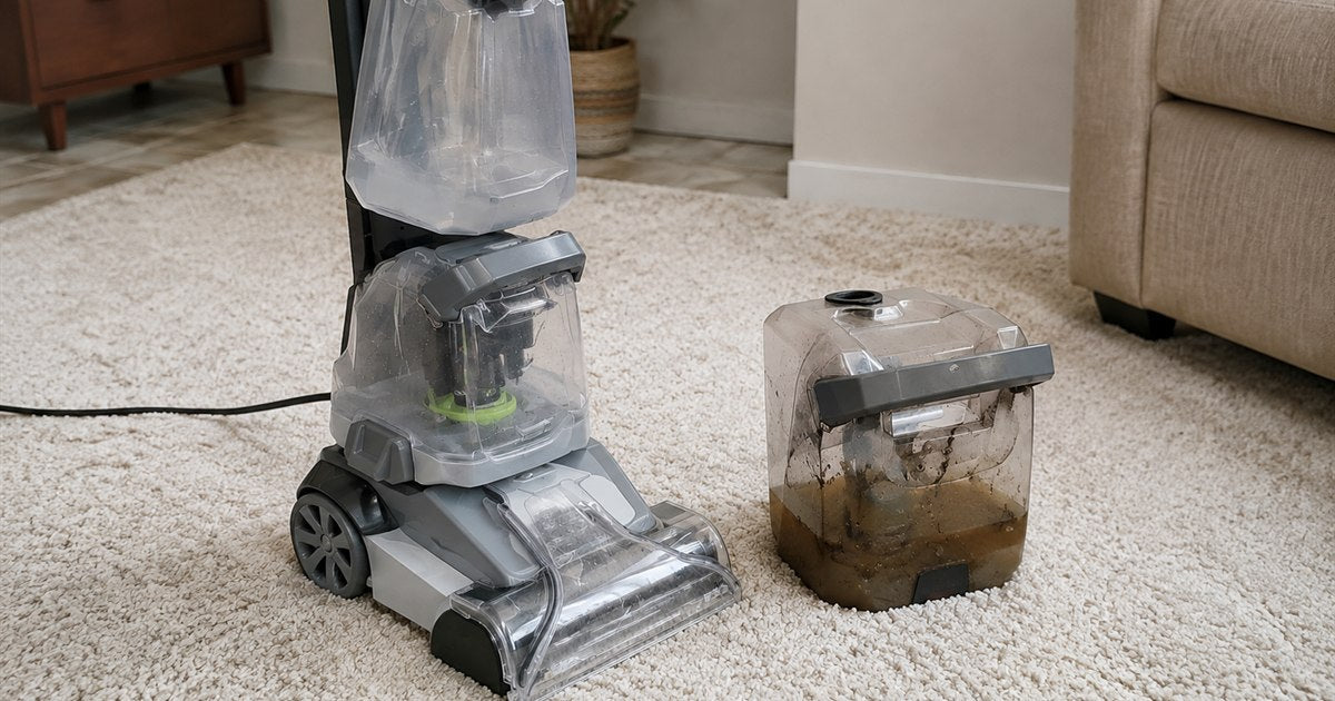 A carpet cleaning machine on carpet with its recovery tank removed and standing beside it, full of murky brown dirty water