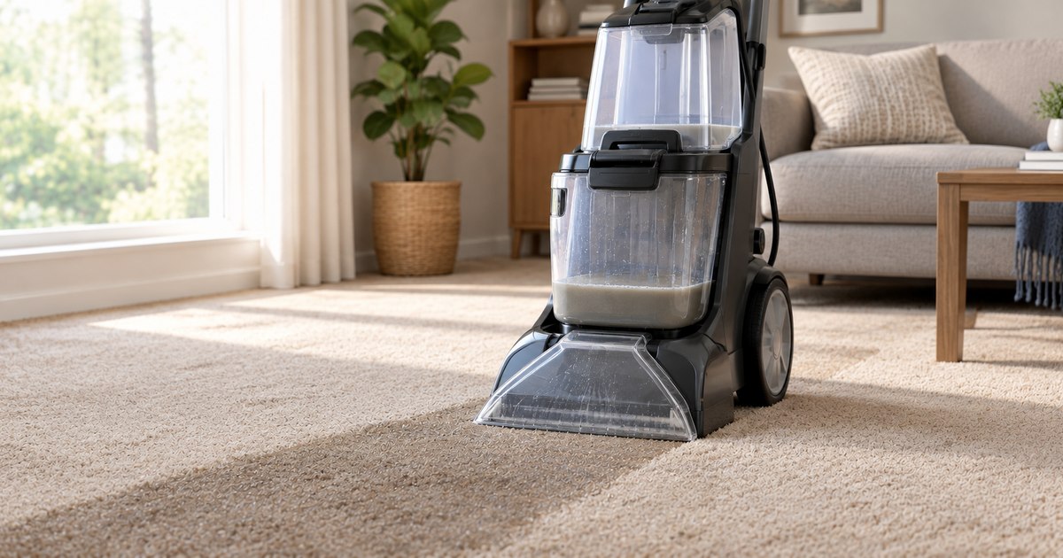 Upright carpet cleaning machine on beige carpet with only a shallow layer of water in its clear recovery tank, and a wide band of visibly soaked carpet in front of it