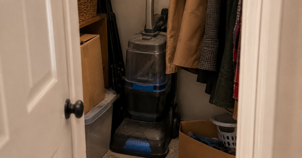 A full-size upright carpet cleaner stored at the back of a closet beside boxes and hanging coats