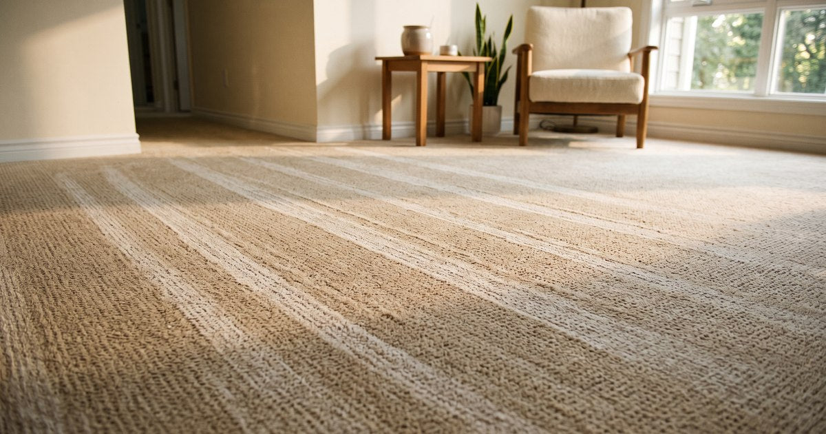 Pale detergent streaks running in parallel bands across beige living room carpet, picked out by low raking sunlight from a window