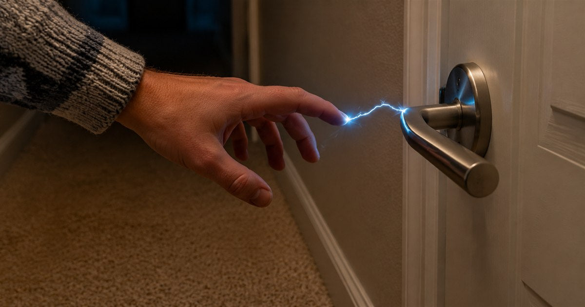 A blue-white static spark jumping from a fingertip to a metal door handle in a carpeted hallway