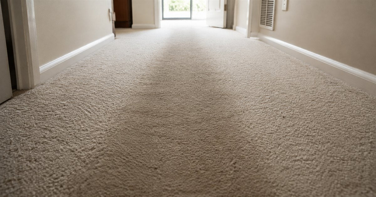 Carpeted hallway with a visibly darker, flatter traffic lane worn down the middle and plusher carpet either side