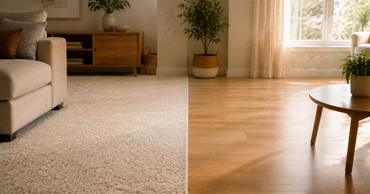 A living room split between pale carpet and hardwood, with dust visible drifting in a sunbeam above the hardwood side