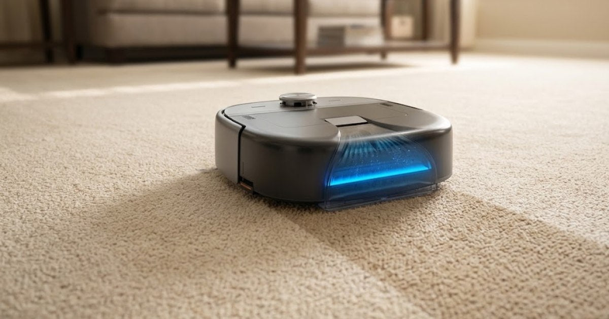 A carpet washing robot moving across living room carpet leaving a clean damp track behind it