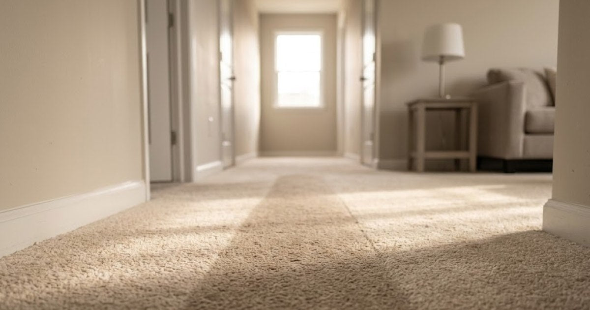A darker worn path running down the middle of a light hallway carpet