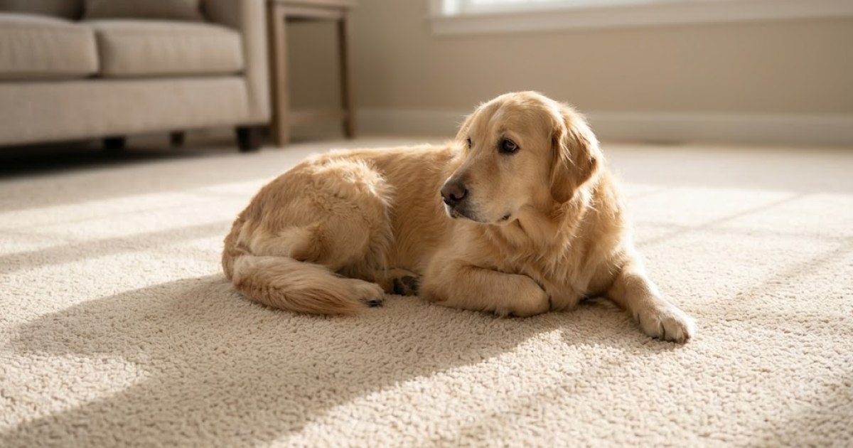 A dog lying on fresh clean carpet in a sunlit living room
