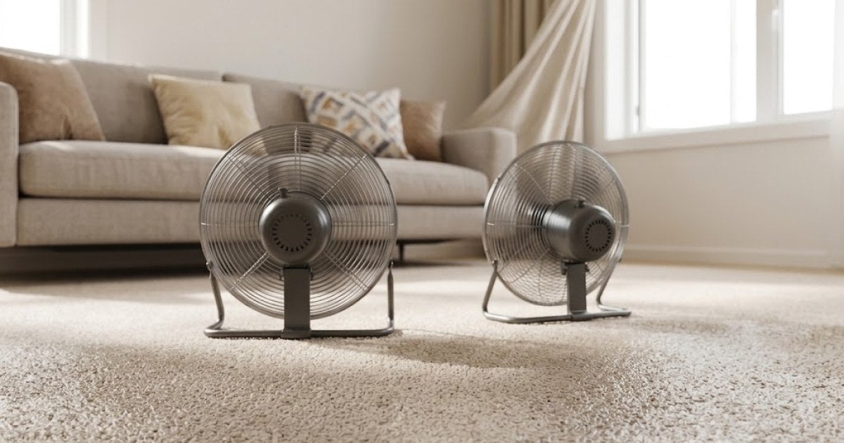 Two floor fans and an open window moving air across damp carpet to speed up drying