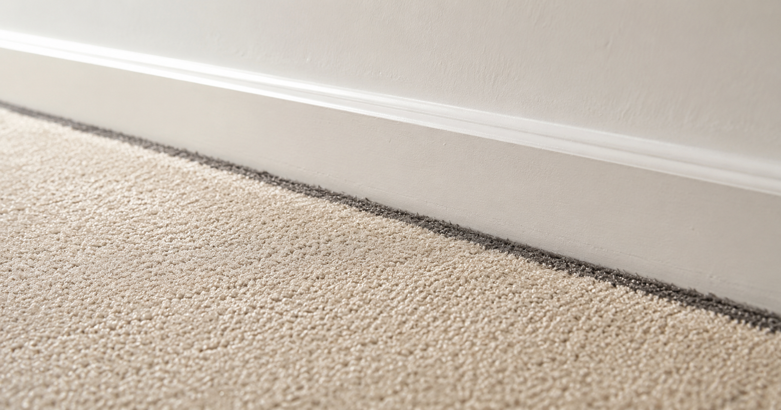 Dark grey filtration soiling line on pale carpet where it meets a white skirting board