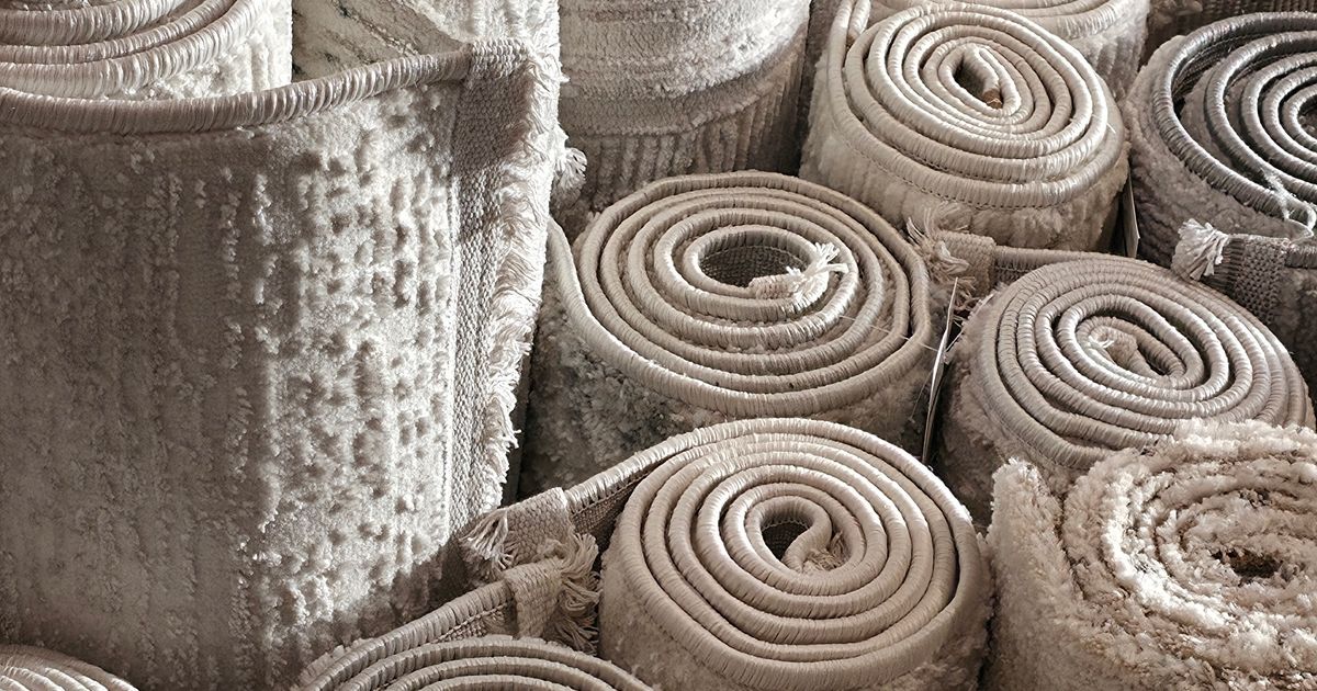 Rolls of carpet in different pile types and textures stacked in a showroom