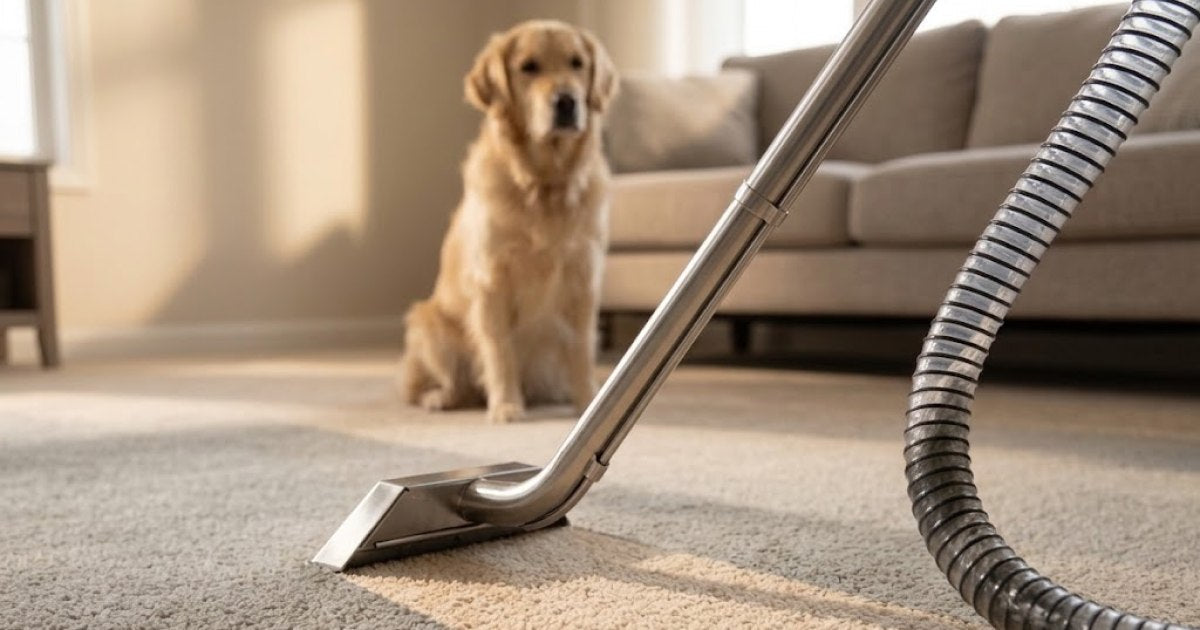 A carpet extraction wand drawing dirty water out of carpet, leaving a clean stripe behind