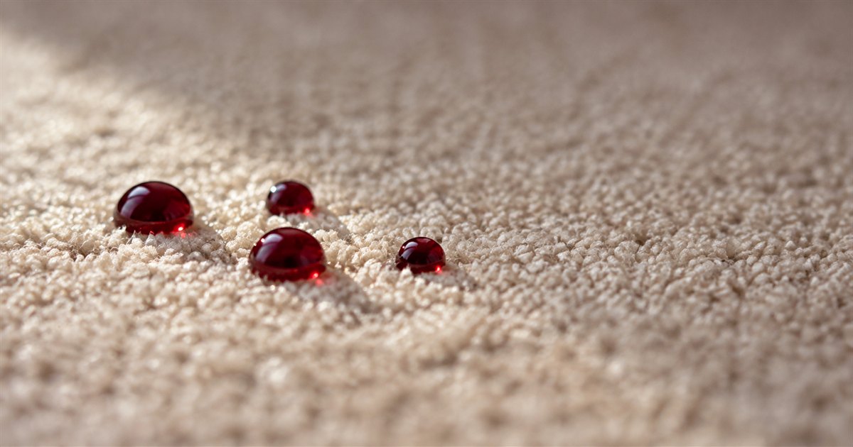 Droplets of dark red liquid beading up on the surface of light beige carpet instead of soaking into the pile