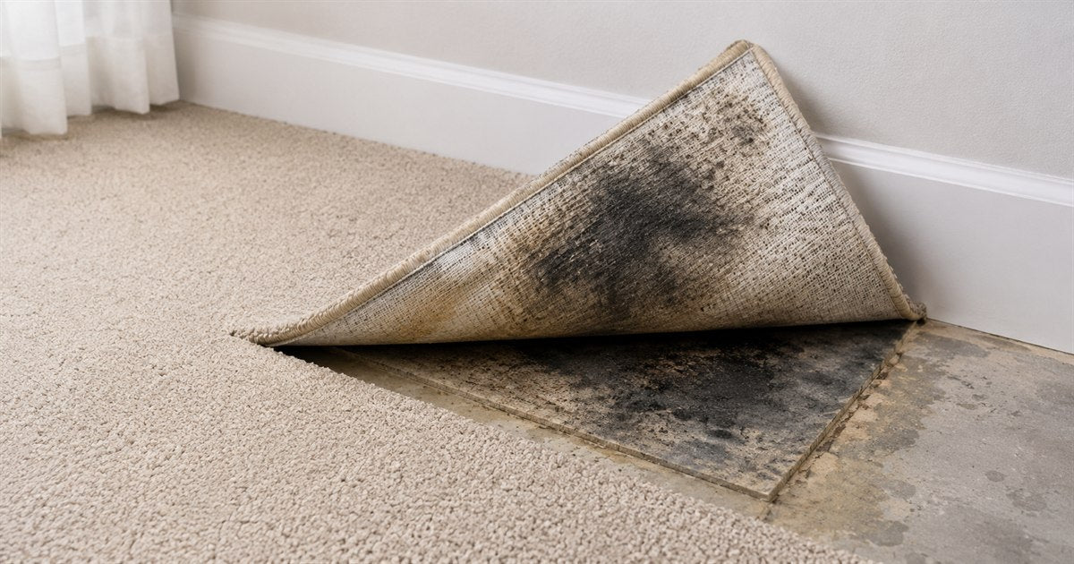 Carpet corner folded back at the baseboard, showing black mold staining on the carpet backing and the padding underneath while the top surface looks clean