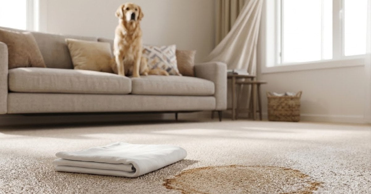 A dried set-in brown stain on light carpet with a white cloth resting beside it