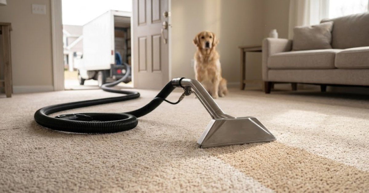 A professional carpet cleaning wand and thick hose running across carpet in a home