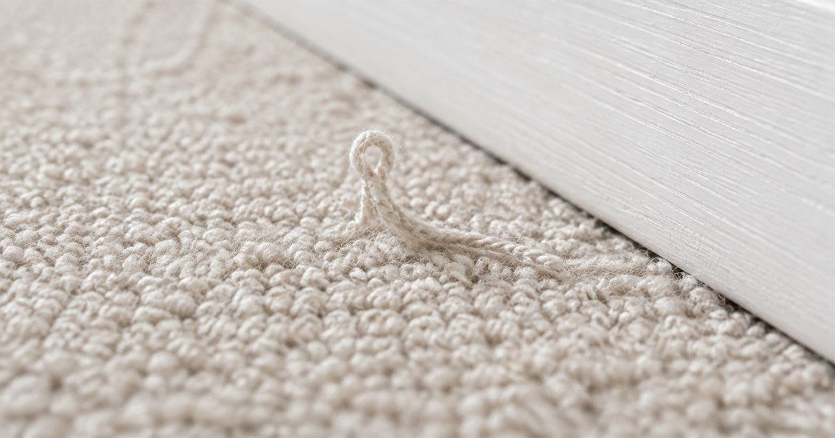 A single loop of pale loop pile carpet pulled up and standing proud near a white baseboard, with loosened yarn trailing from it
