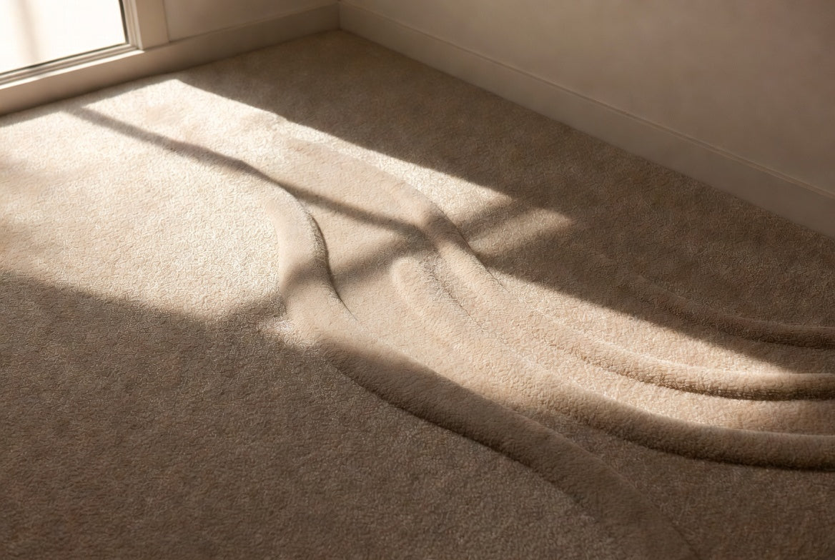 Ripples and waves across beige fitted carpet after cleaning, lit from a window