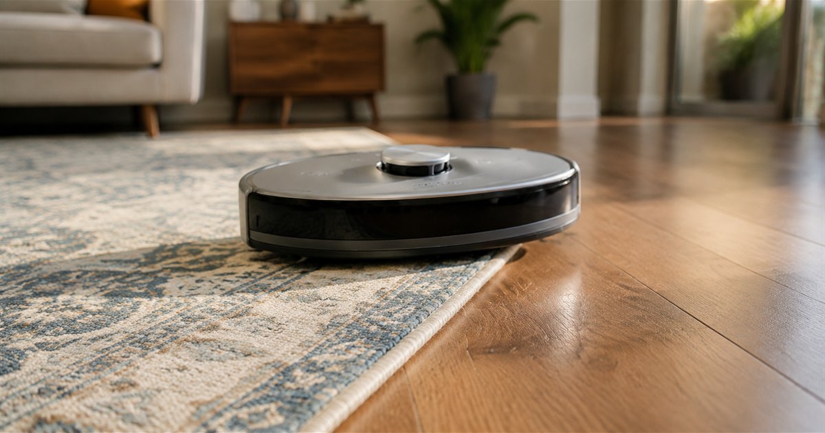 Robot vacuum caught mid-transition at the edge of a patterned area rug, half on the rug and half on hardwood floor