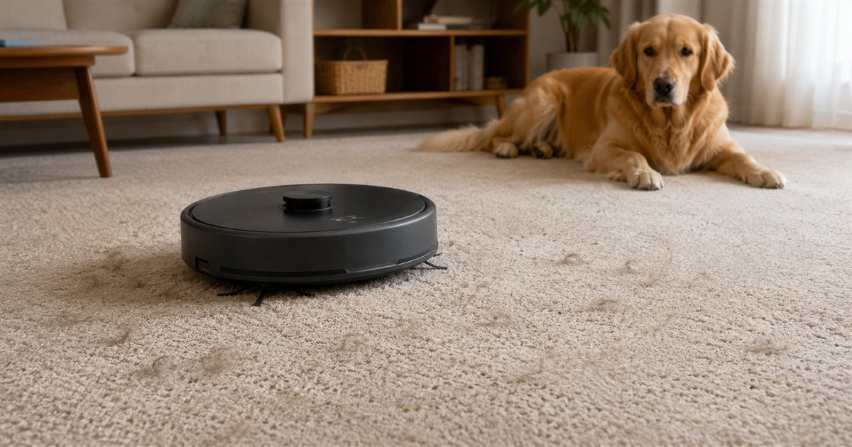 Robot vacuum crossing light carpet with loose pet hair in the pile while a golden retriever rests nearby