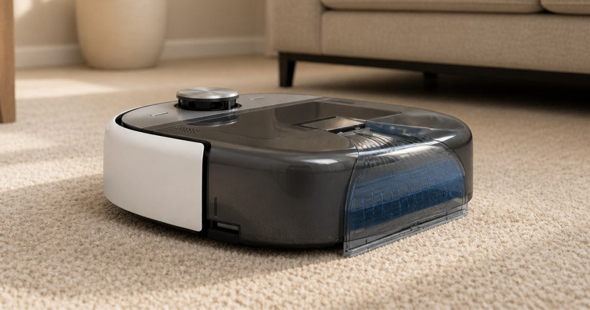 Robotin R2 Pro fitted with the carpet wash and dry module, at rest on living room carpet