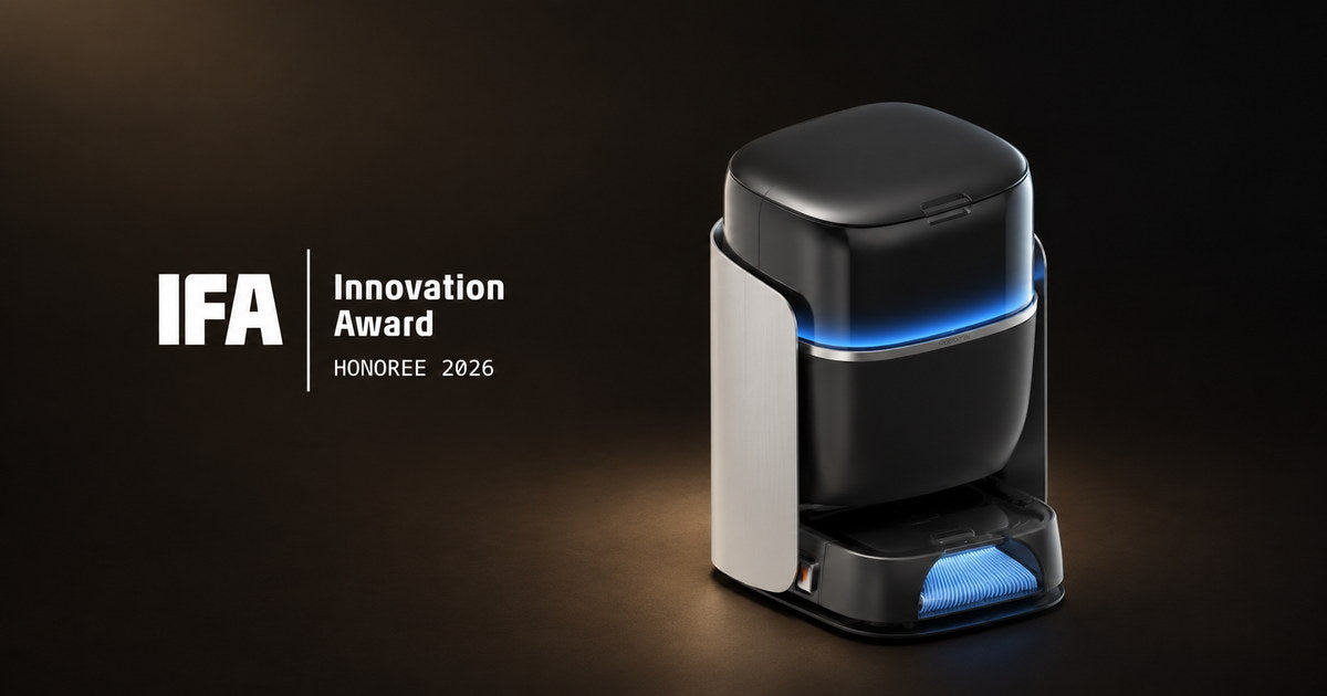 The Robotin R2 Pro on its base station beside the IFA Innovation Award Honoree 2026 mark