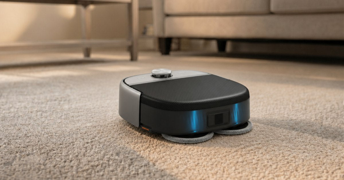 Robotin R2 Pro fitted with the vacuum and mop module, vacuuming living room carpet