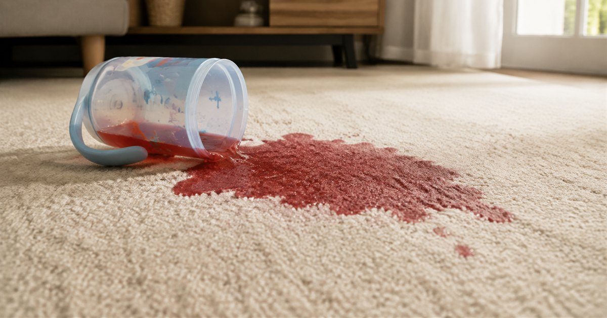 Tipped-over kids cup on cream carpet with bright red drink soaked into a spreading patch around it