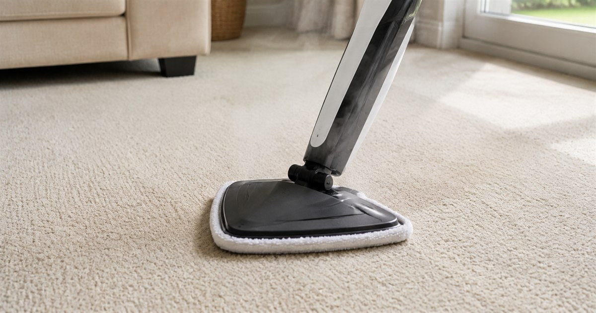 A steam mop fitted with a triangular carpet glider attachment resting on pale carpet, with steam visible around the head