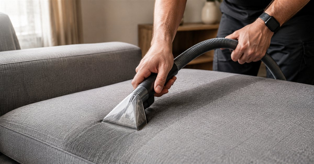 Hand tool attachment of a carpet cleaner being drawn across a gray sofa cushion, leaving a damp cleaned track