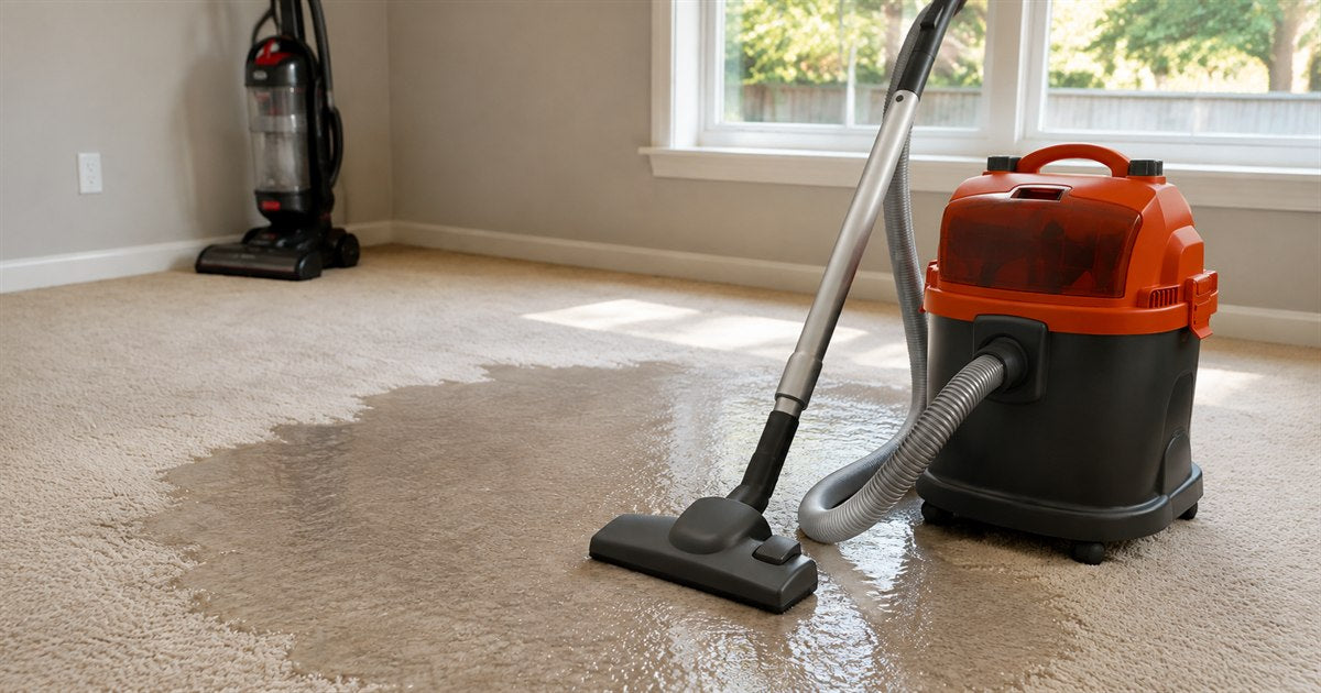 A wet dry shop vacuum recovering standing water from soaked carpet while an ordinary upright vacuum stands unused against the far wall