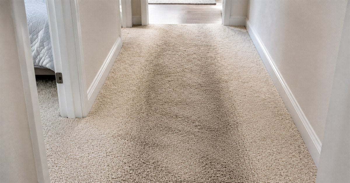 Hallway carpet with a darker flattened traffic lane worn down the center while the pile at the edges near the baseboards stays plush and light